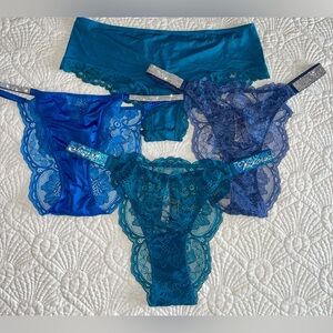 Victoria’s Secret Blue Bundle Satin Lace  Shine Strap Bling Cheeky Panties